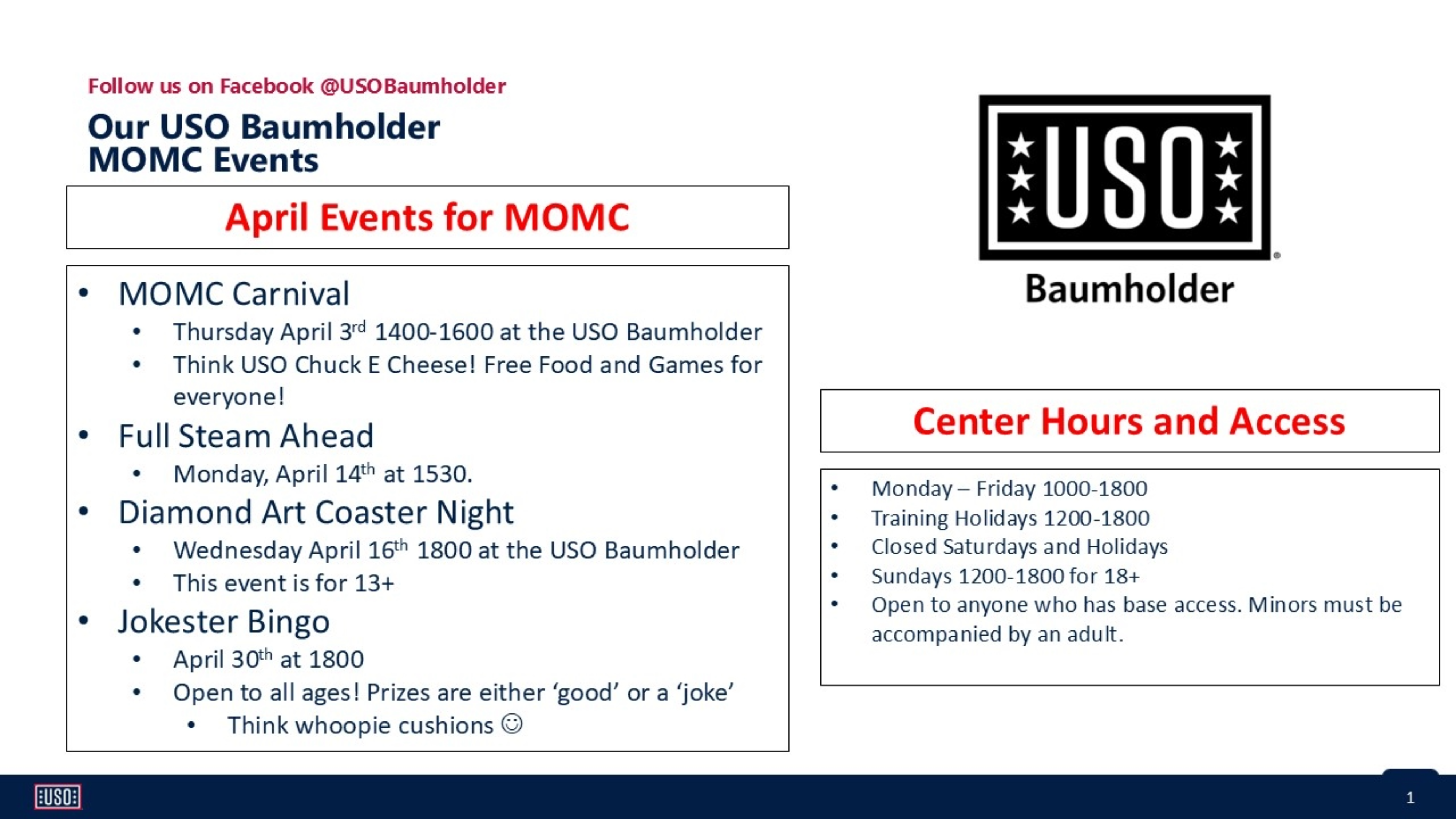 The USO Calander of events for April.