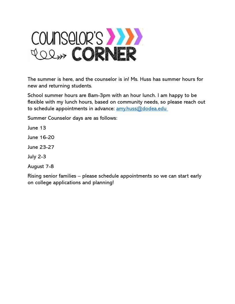 Counselors Corner for June 2025.